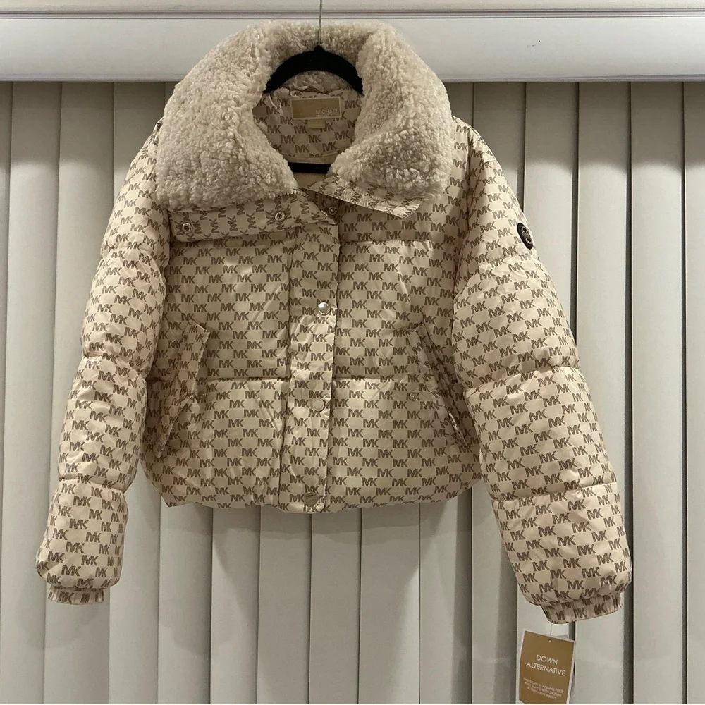 NEW MICHAEL Michael Kors Logo Print Shepra Puffer Jacket